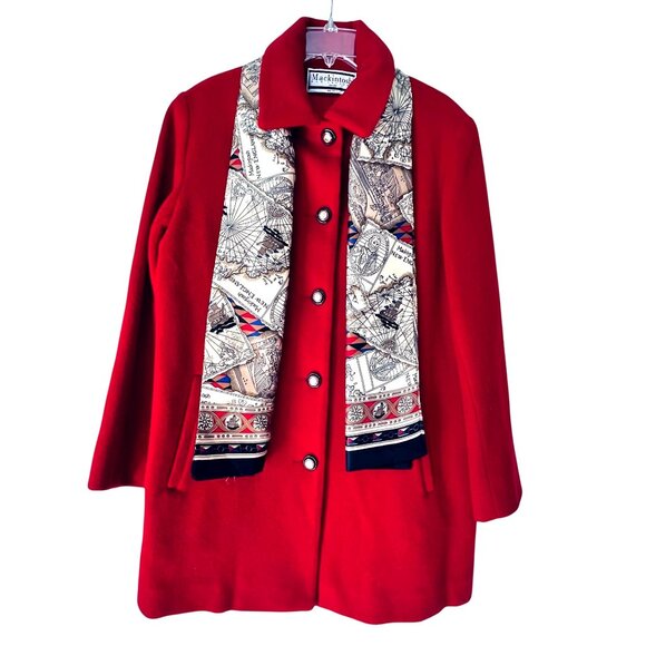 NWT Vtg Mackintosh New England Red Wool Coat USA Scarf Gold Buttons Pockets 12P - Picture 1 of 15